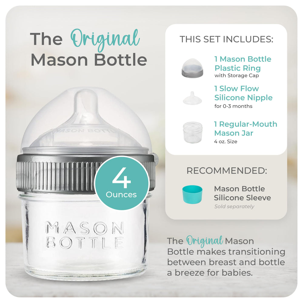 Mason Bottle USA-made slow-flow nipple enables comfortable newborn feeding.