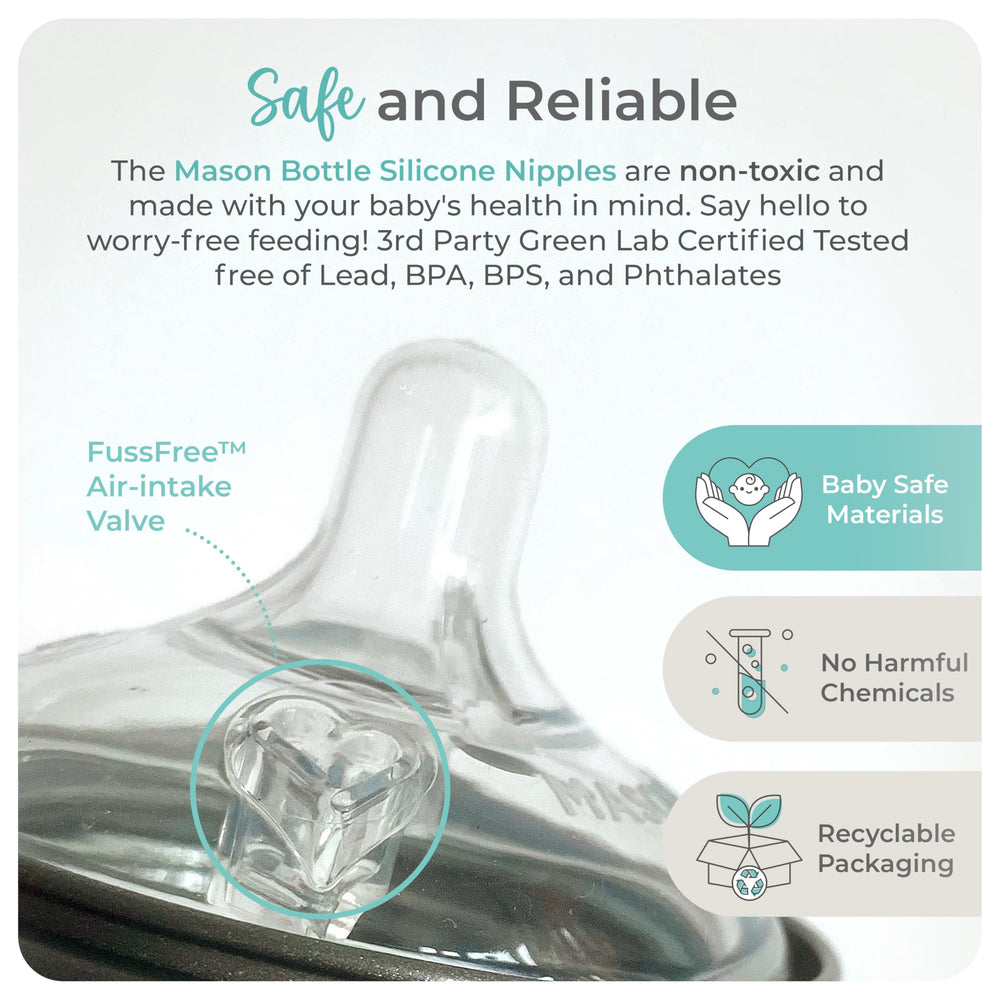 Mason Bottle slow flow nipples wide natural shape, promoting latch-like feeding feel.