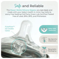 Mason Bottle slow flow nipples wide natural shape, promoting latch-like feeding feel.