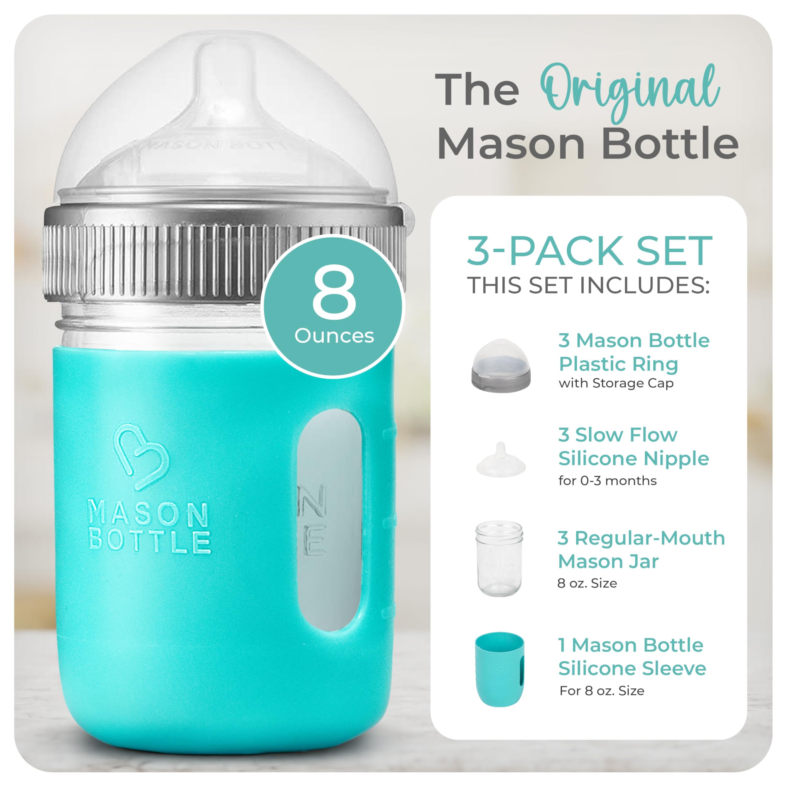 Mason Bottle slow-flow nipple for smooth milk flow during feeds