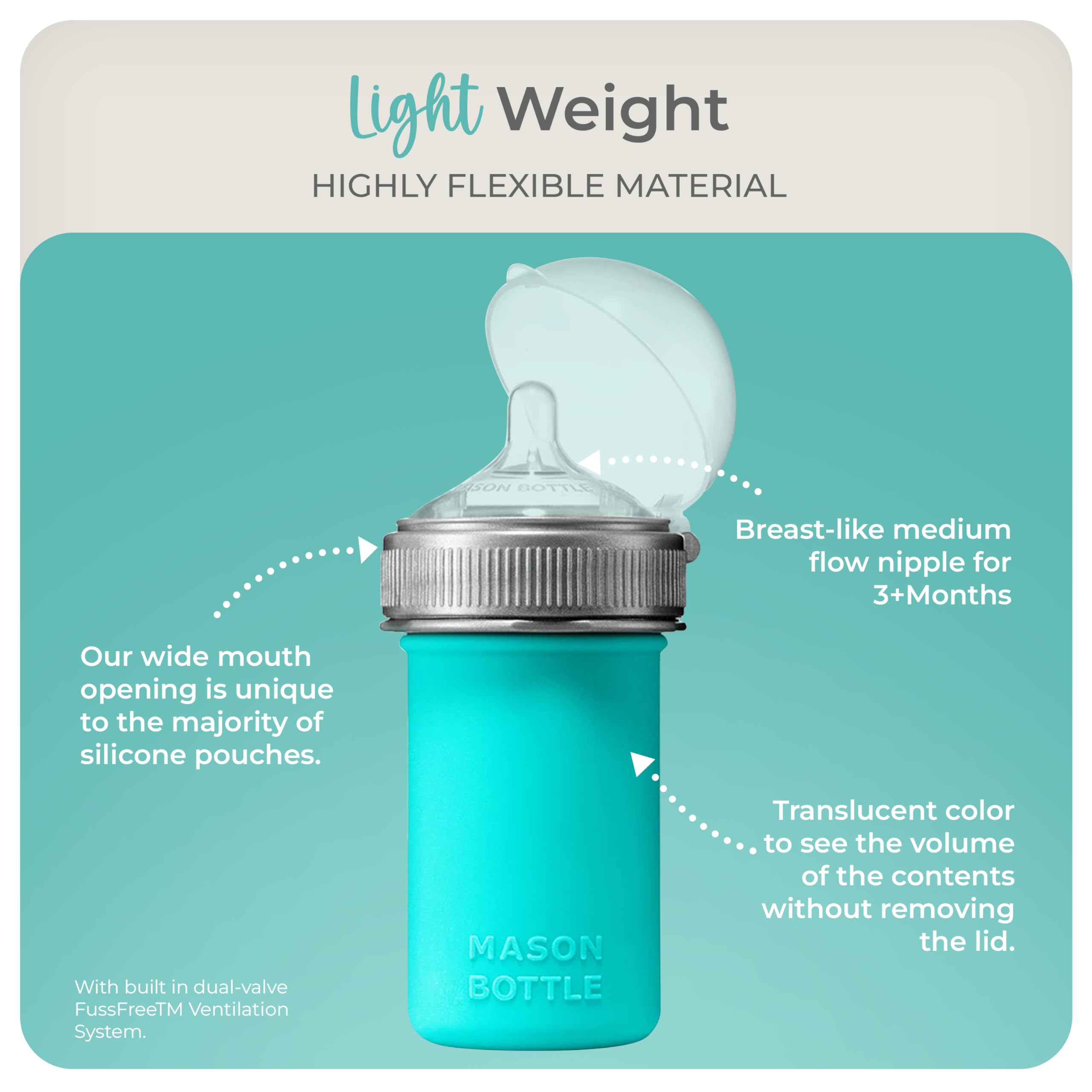 Mason Bottle wide-neck design in teal simplifies cleaning and prep.