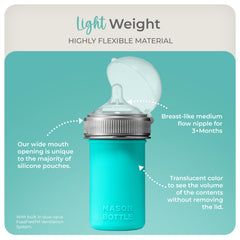 Mason Bottle wide-neck design in teal simplifies cleaning and prep.