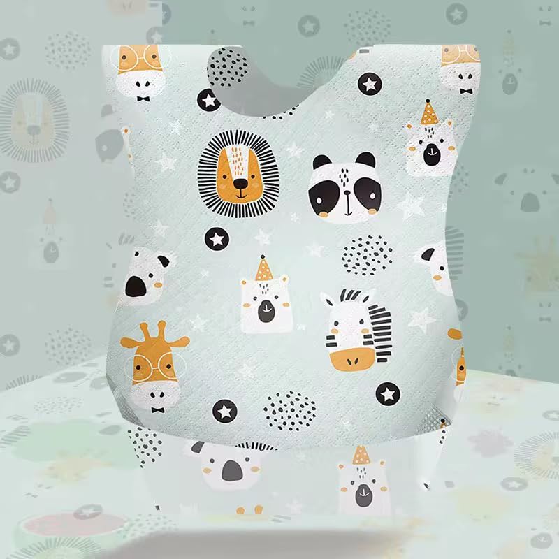 MassiGoods disposable baby bibs pack closeup showing waterproof material for spill prevention