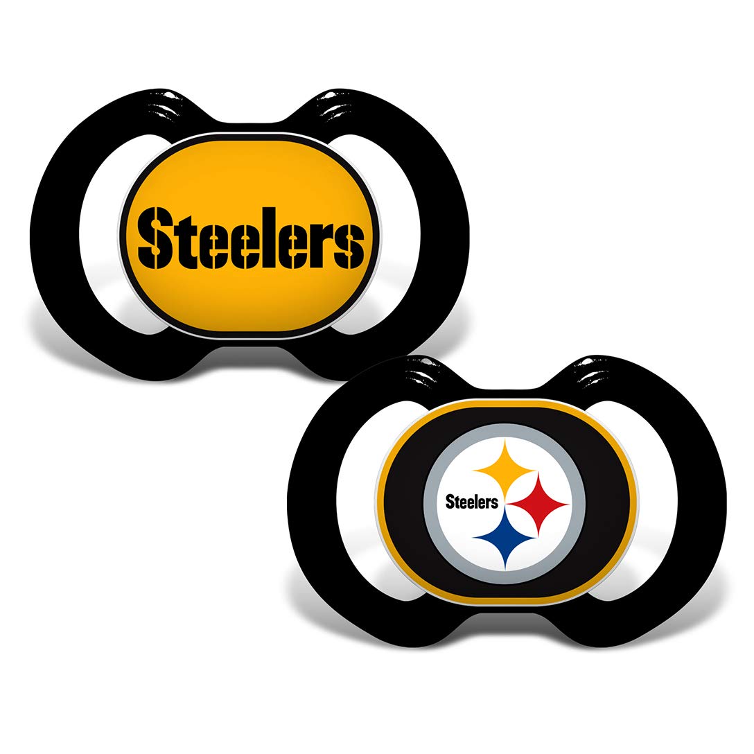 Masterpieces Baby Fanatic Steelers pacifier pack front view shows team colors for comforting NFL fans.