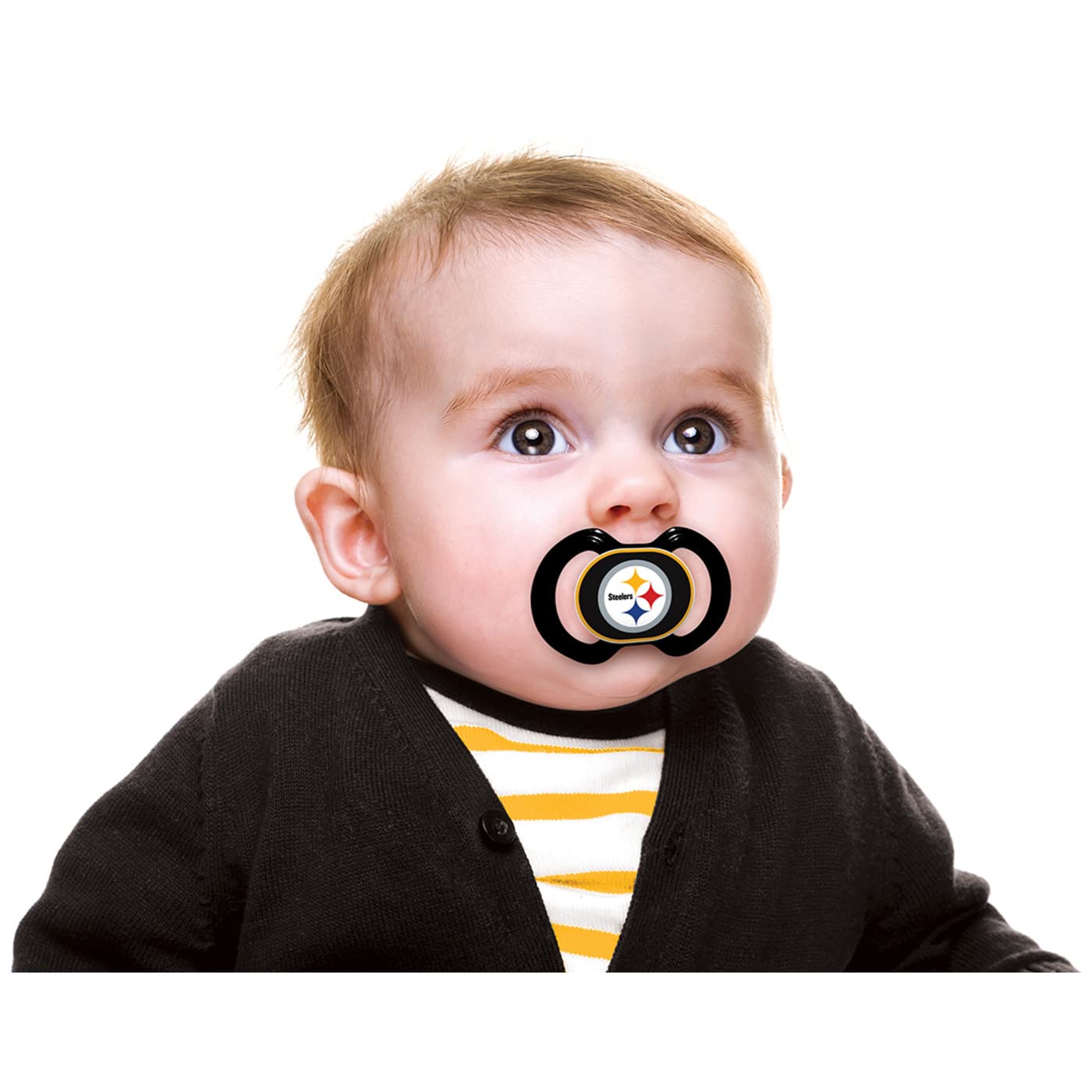 Masterpieces Baby Fanatic Steelers pacifier nipple closeup shows silicone texture for gentle soothing.