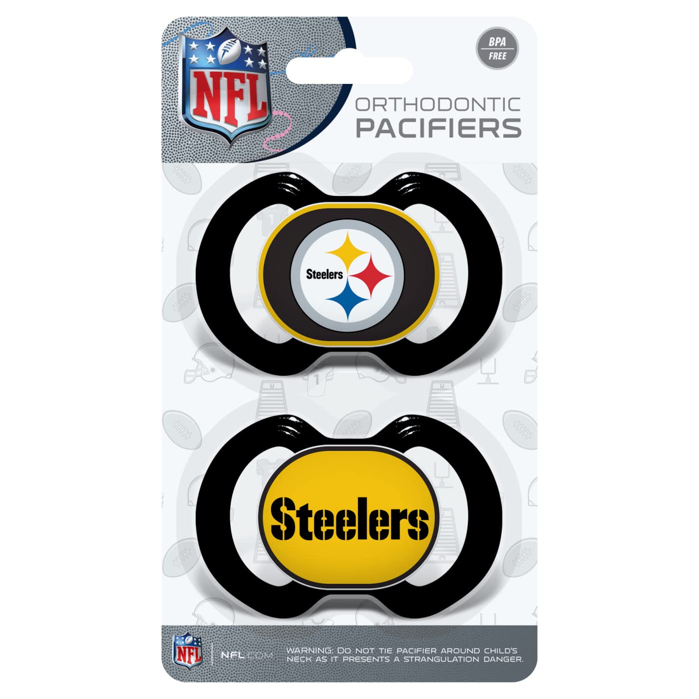 Masterpieces Baby Fanatic Steelers pacifier pack side view highlights easy-grip shield for tiny fingers.