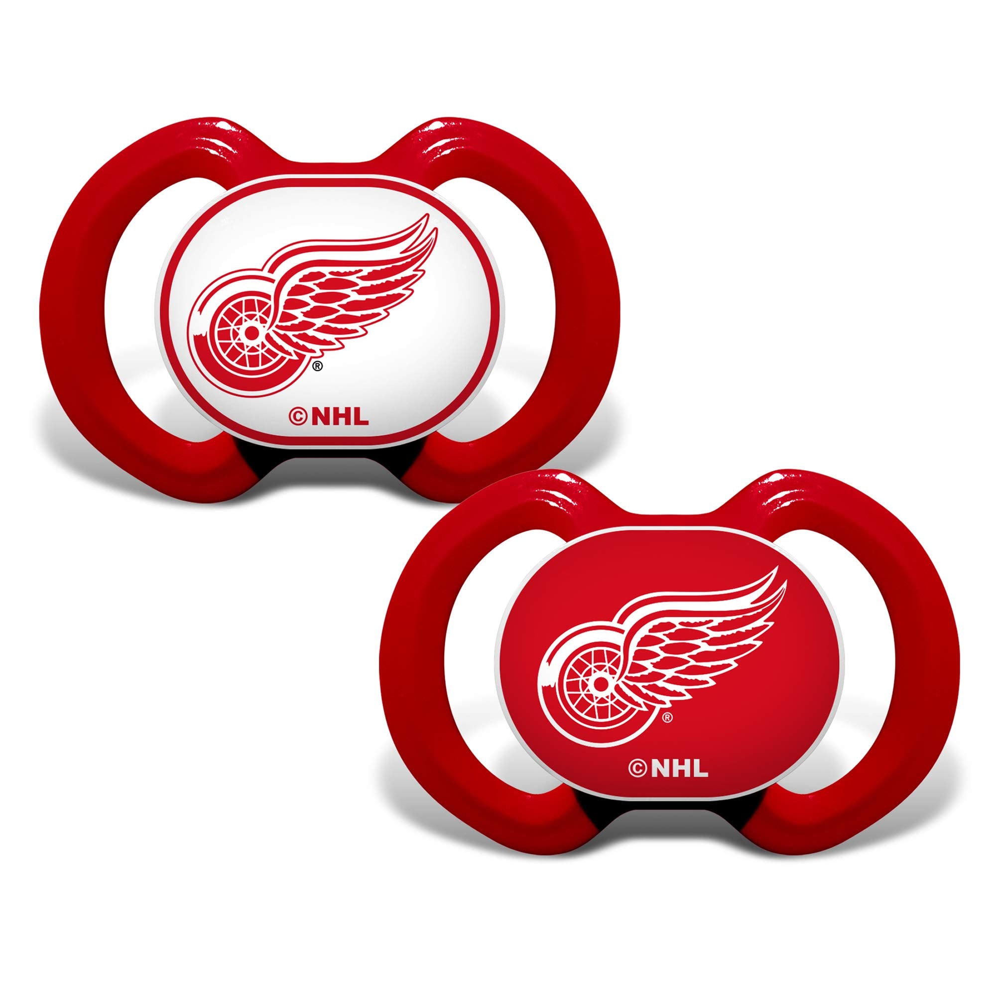 Masterpieces BabyFanatic pacifier with Detroit Red Wings logo calms a fussy baby