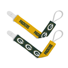 Masterpieces BabyFanatic Packers pacifier clip front view with dual logo design for easy baby fan identification