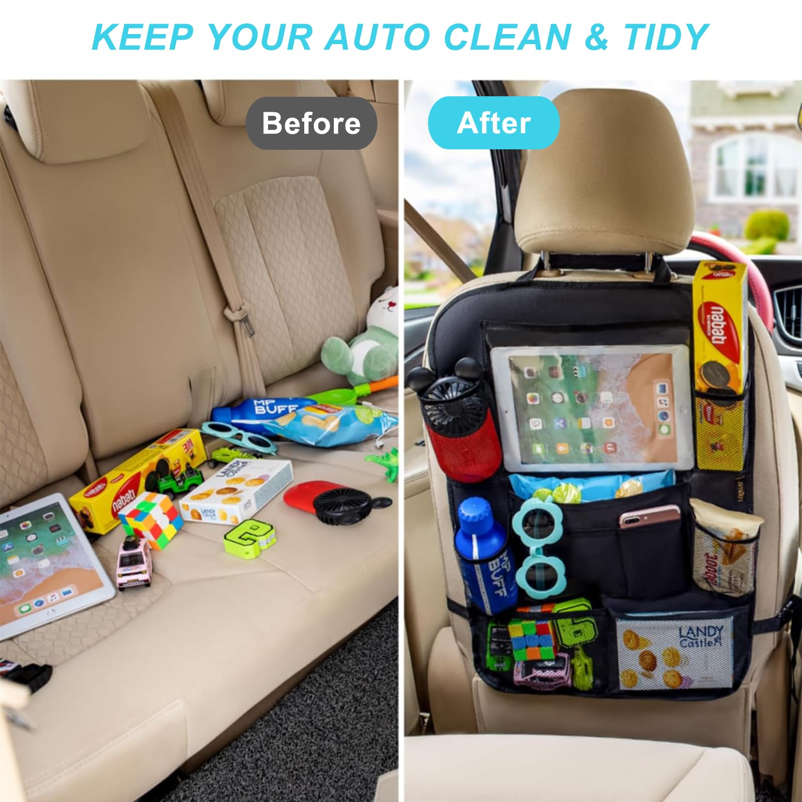Matenf back seat kick mats protector shielding seats from muddy feet during rides.