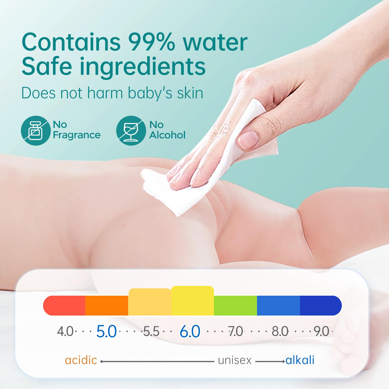 MATERN'ELLA wipes label highlights 99% water purity and aloe vera.