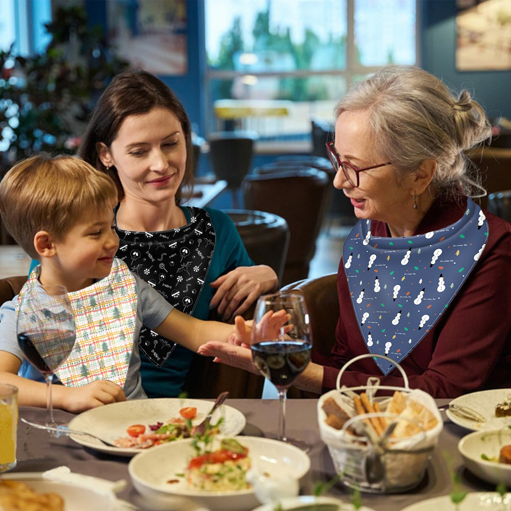 MatFirsmo wearer elderly demonstrates protective bib during meals.