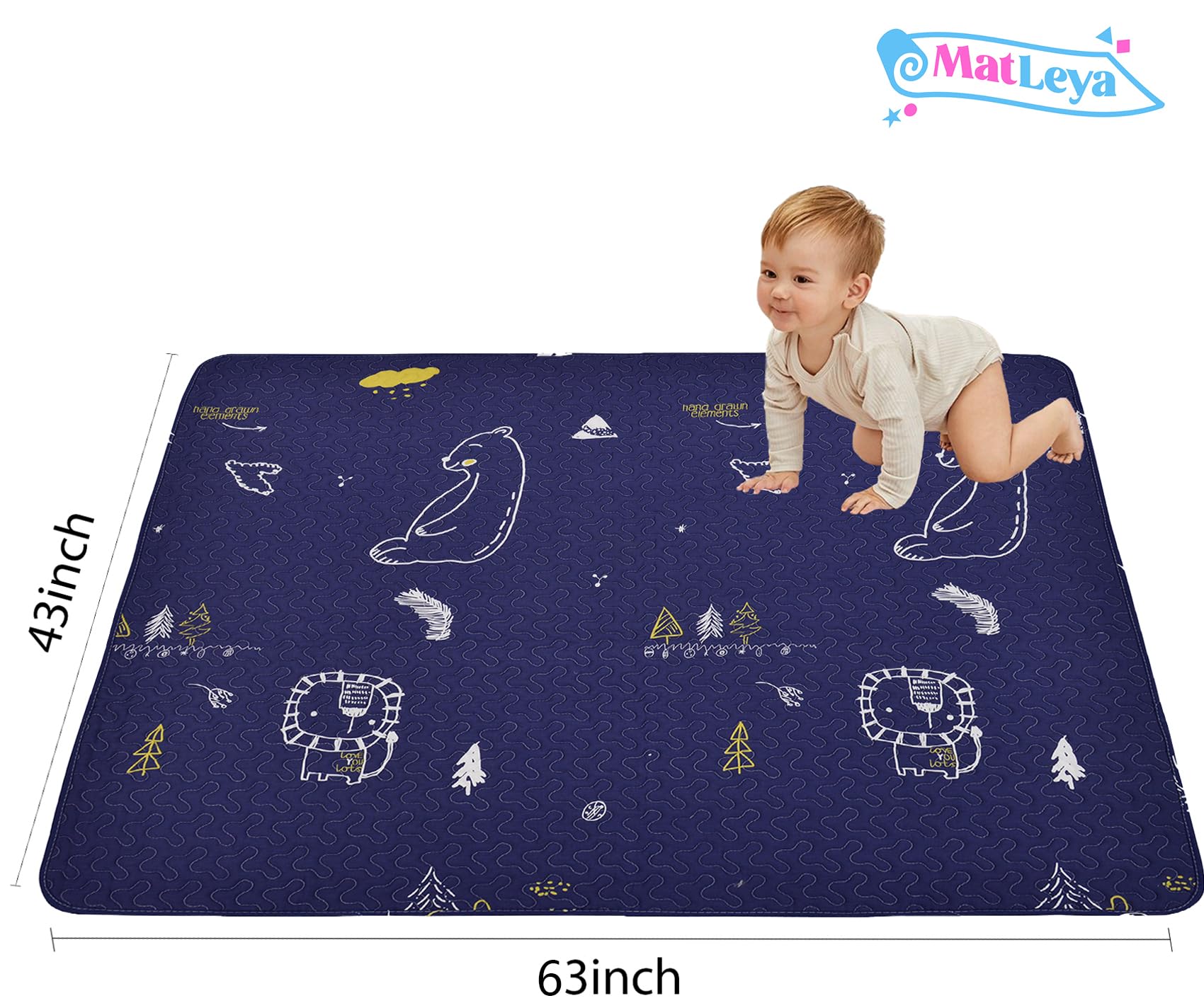 MatLeya dark blue bear play mat seen in a living room setting for playtime.