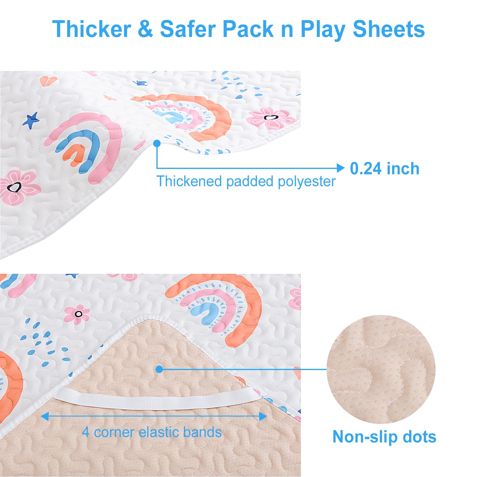 MatLeya pack n play sheet showing elastic bands securing a mattress