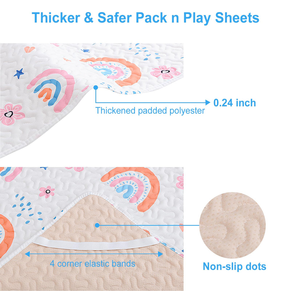 MatLeya pack n play sheet showing elastic bands securing a mattress