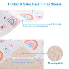 MatLeya pack n play sheet showing elastic bands securing a mattress