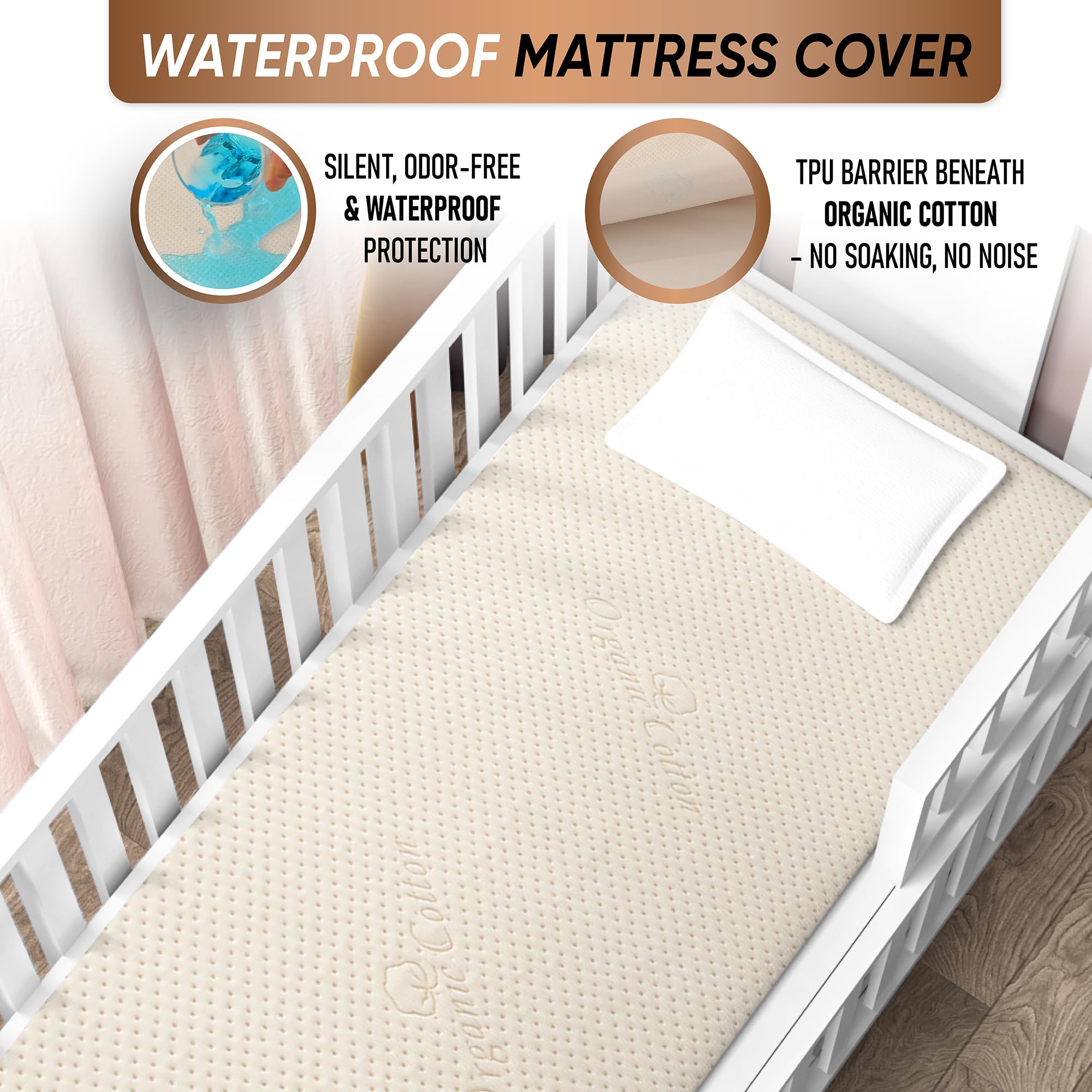 MATTSHIELD ORIGINAL stretch-knit sides ensure a secure fit on standard crib mattresses