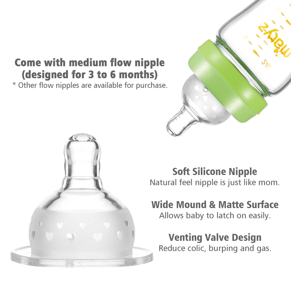 Matyz bottle with pump adapter highlights compatibility with wide and narrow-neck pumps.