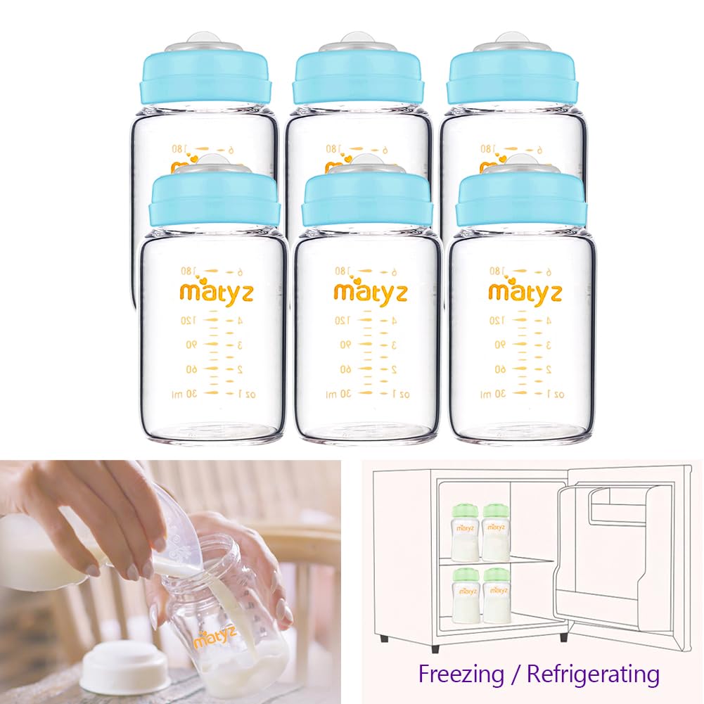 Matyz glass bottle for pumping, storing, and feeding with clear measurement markings.