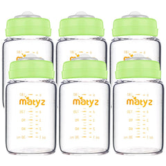 Matyz glass breastmilk bottle with wide-neck closeup for easy cleaning and safe storage