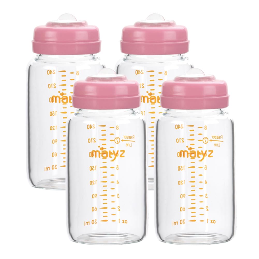 Matyz glass breastmilk bottle with wide neck and lid for easy cleaning and safe storage.
