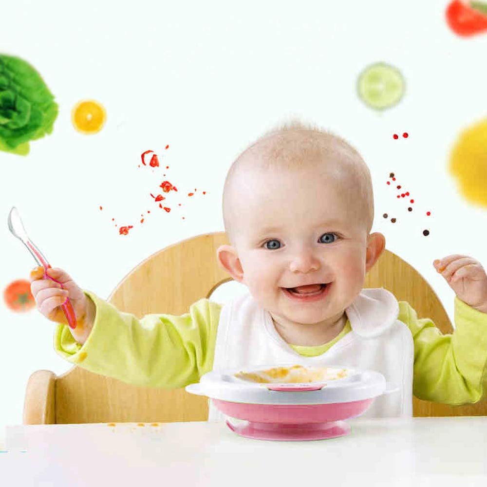 Matyz pink self-feeding plate set promotes independent eating for toddlers.