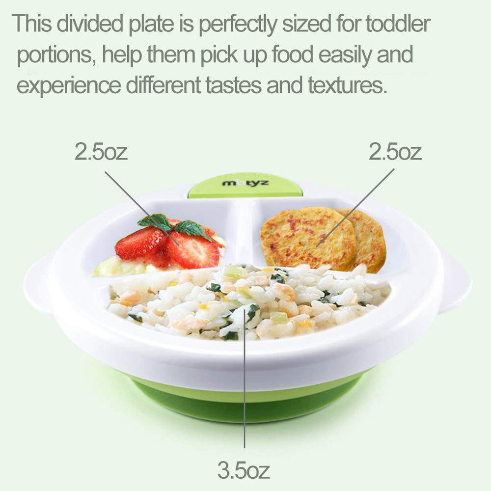 Matyz stay-put divided plate showing secure suction for divided meals.