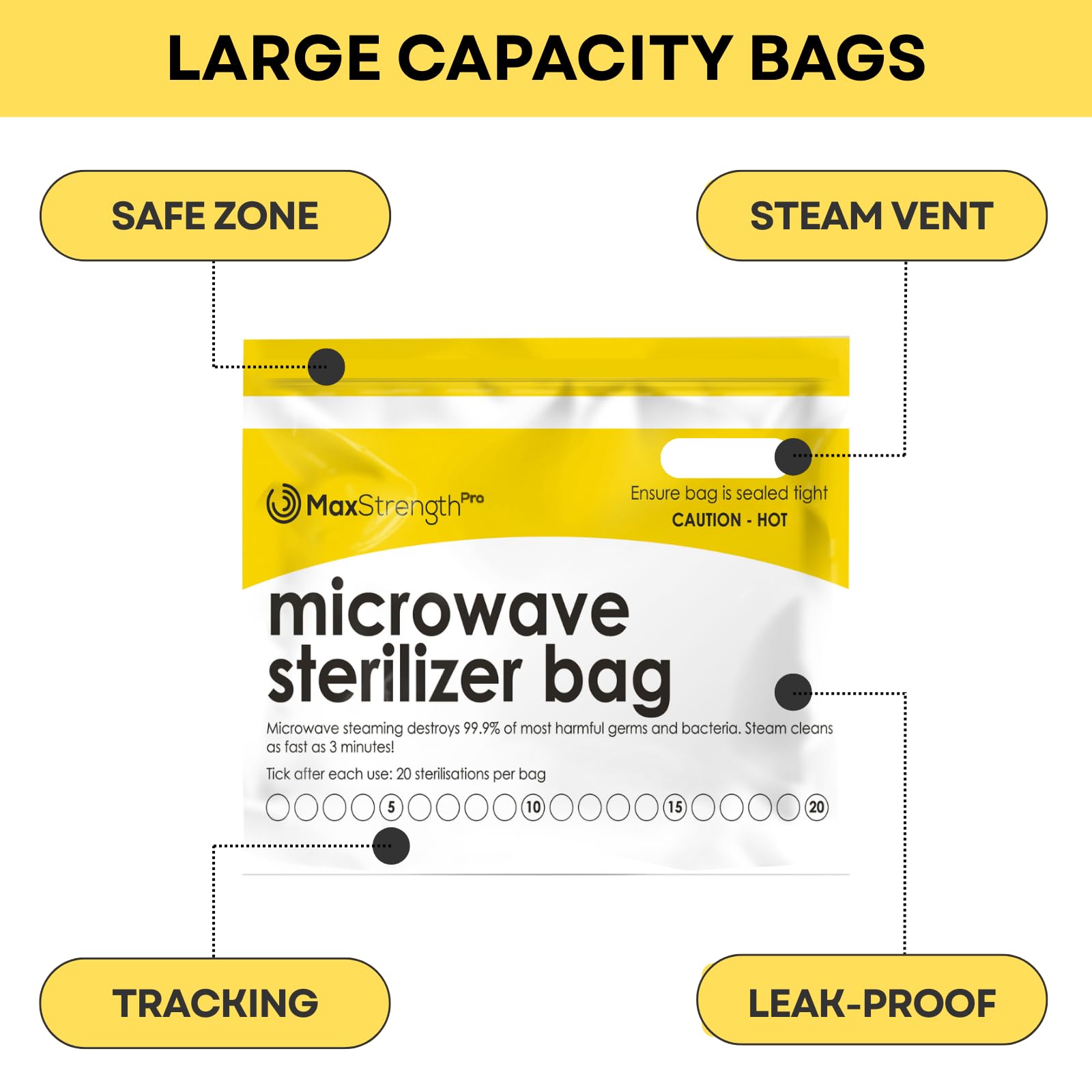 Max Strength Pro bag features ventilation and safety zone for safer steam sterilization.