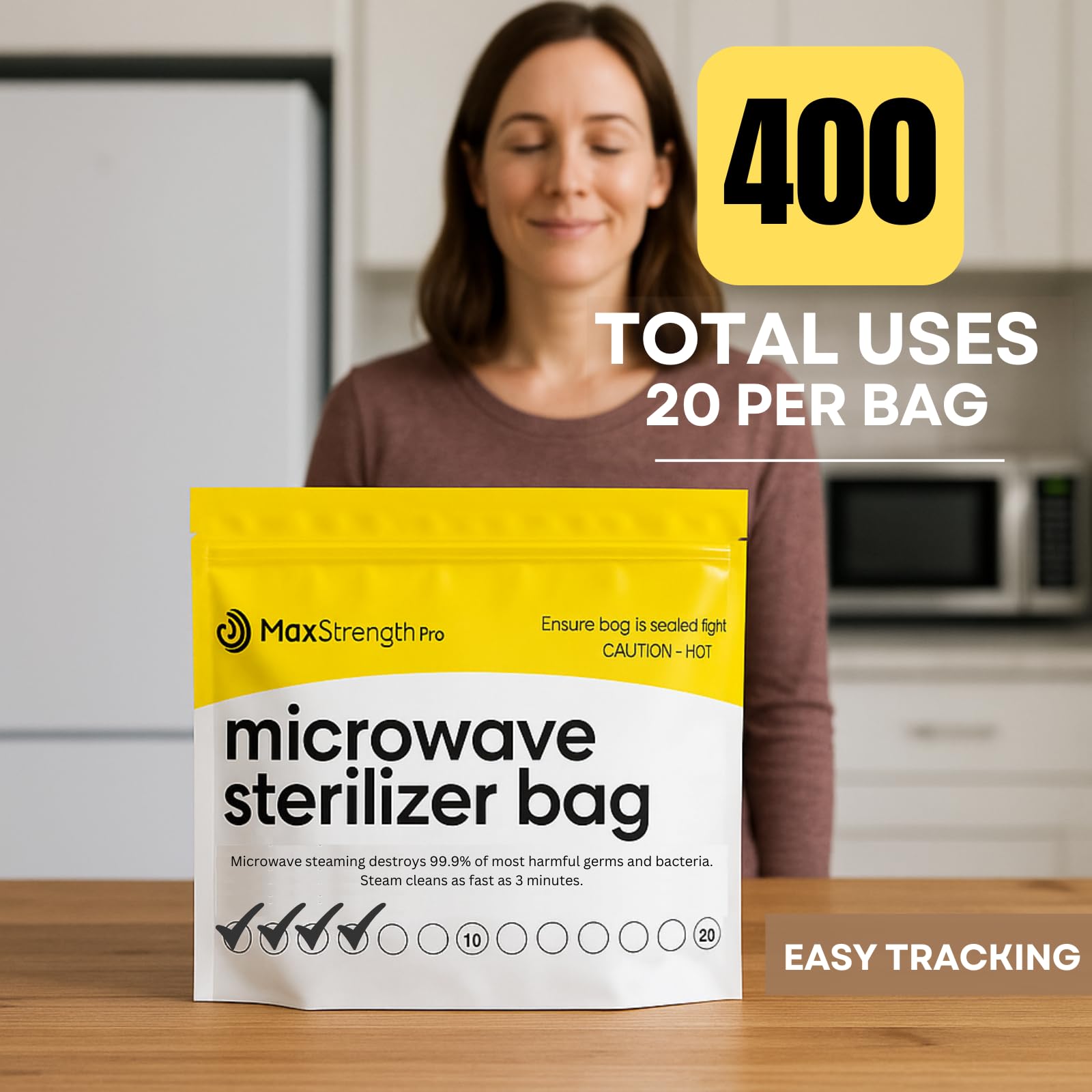 Max Strength Pro bag use indicator shows up to 20 uses per bag, reducing waste.