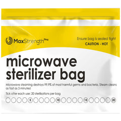 Max Strength Pro packfront shows a large reusable sterilizer bag for bottles, ready for travel.
