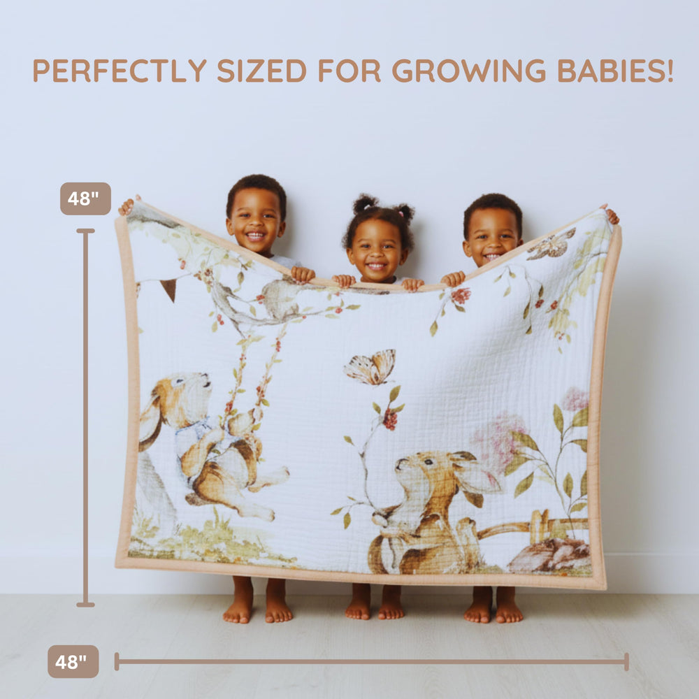 Max&So Baby Muslin Blanket on crib setup showcases generous 48x48 size