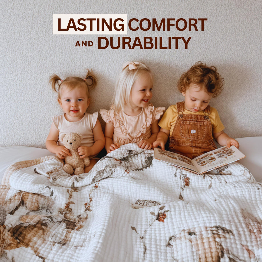 Max&So Baby Muslin Woodland Blanket folded demonstrates easy-care versatility for busy parents