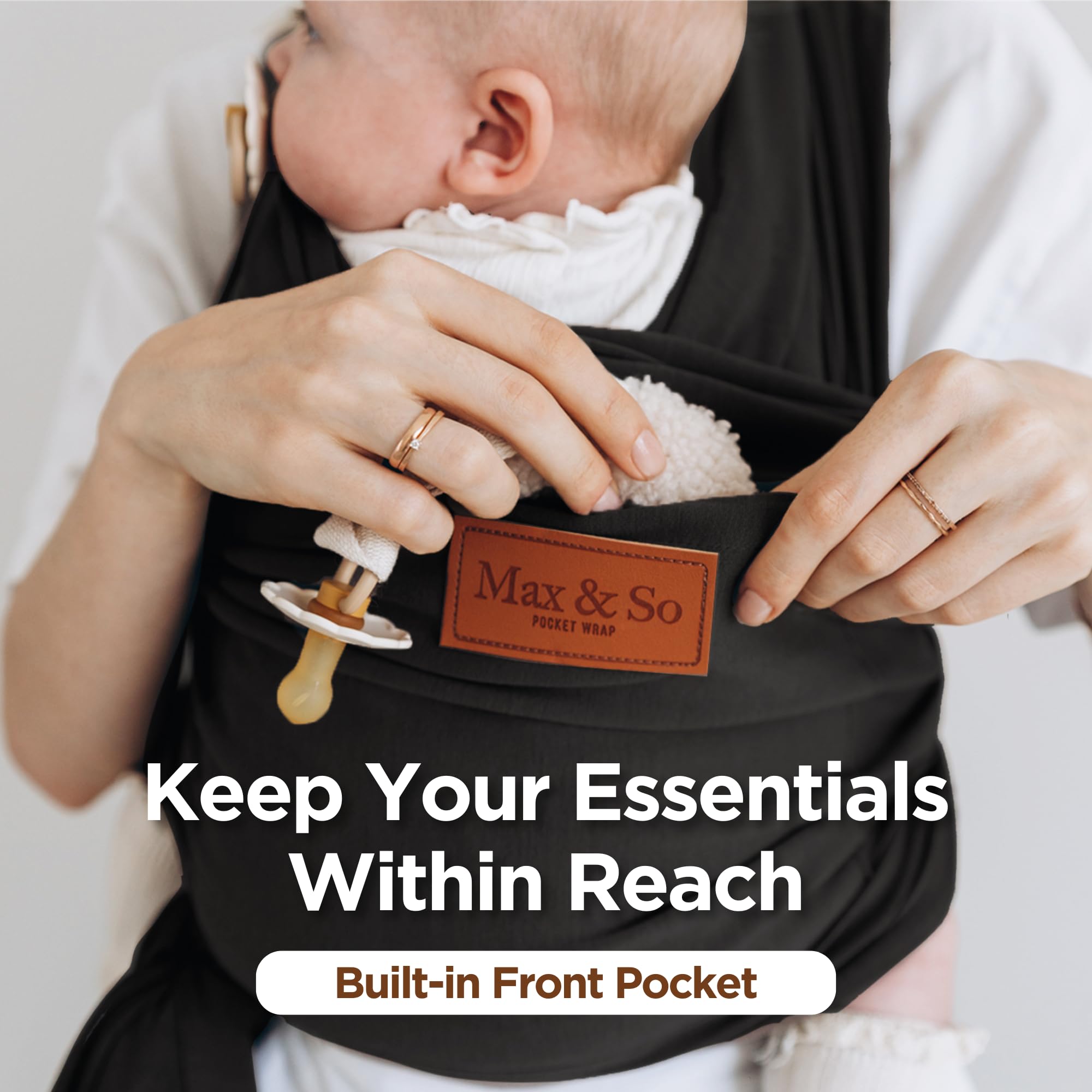 Max&So baby wrap front-pocket-usage demonstrates convenient 25x25 cm storage