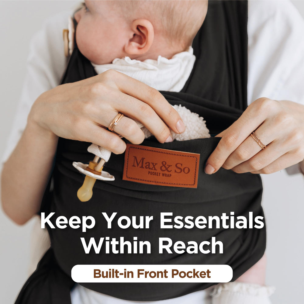 Max&So baby wrap front-pocket-usage demonstrates convenient 25x25 cm storage