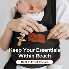 Max&So baby wrap front-pocket-usage demonstrates convenient 25x25 cm storage