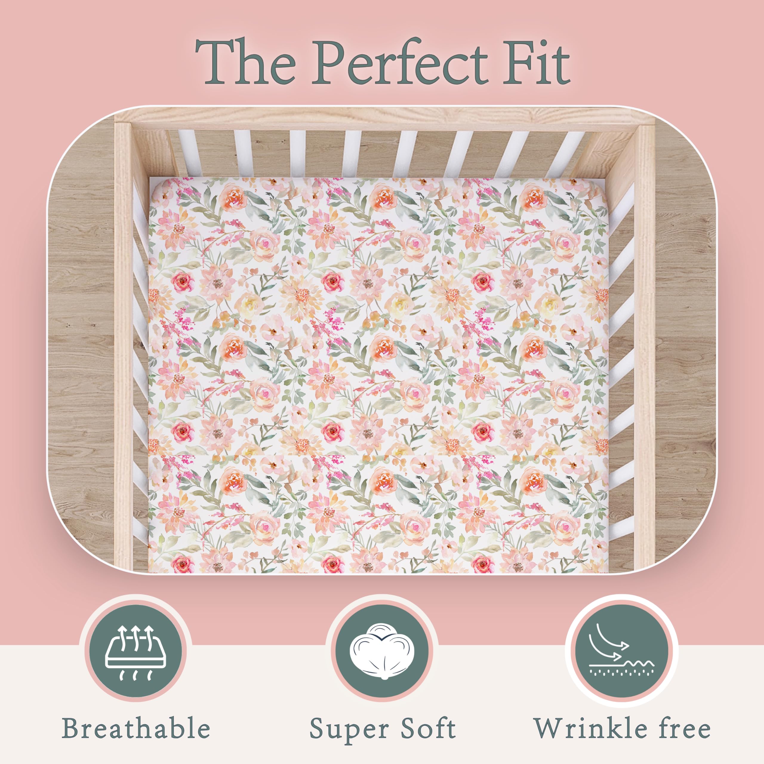 Max&So floral crib sheet on crib mattress showing 9-inch deep fit for versatility.