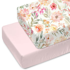 Max&So floral pink crib sheet closeup showing ultra-soft cotton blend for baby's comfort