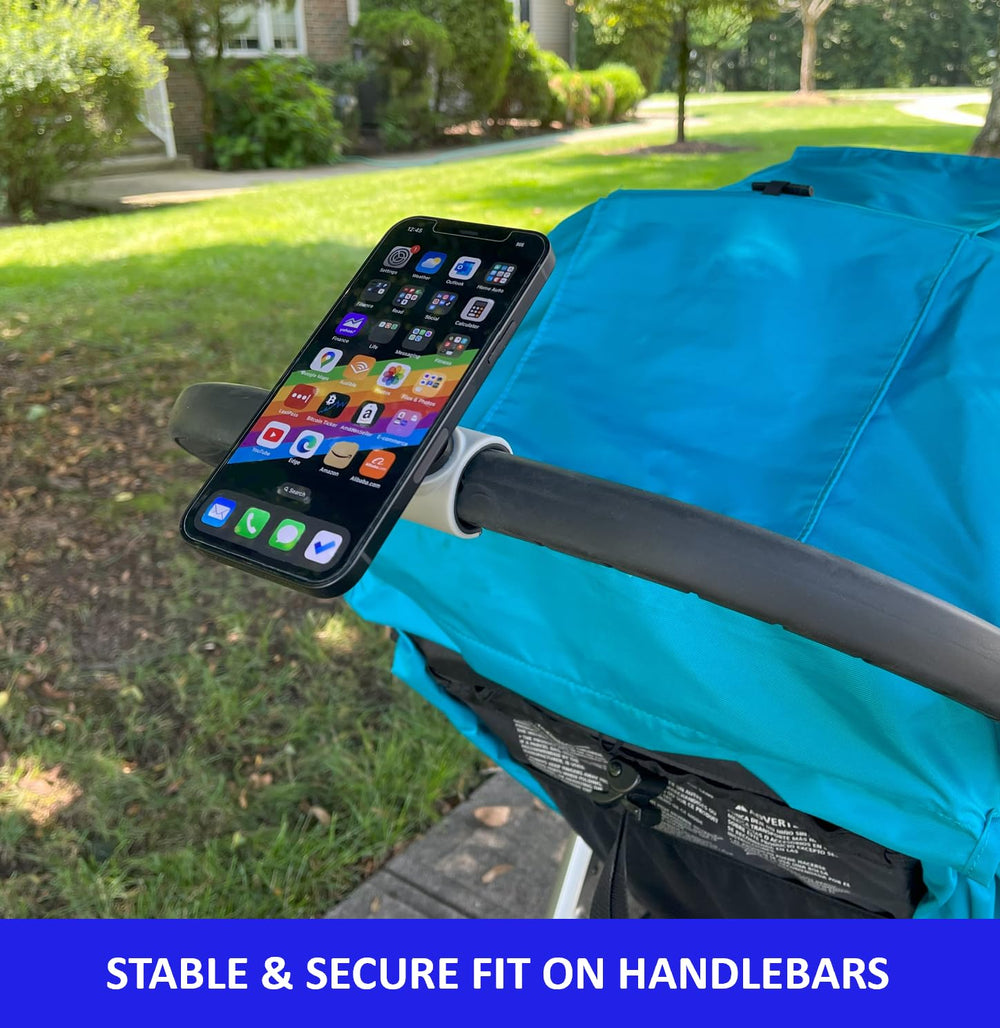 Maxby Stroller Phone Holder on a handlebar rotated to portrait view for quick viewing.