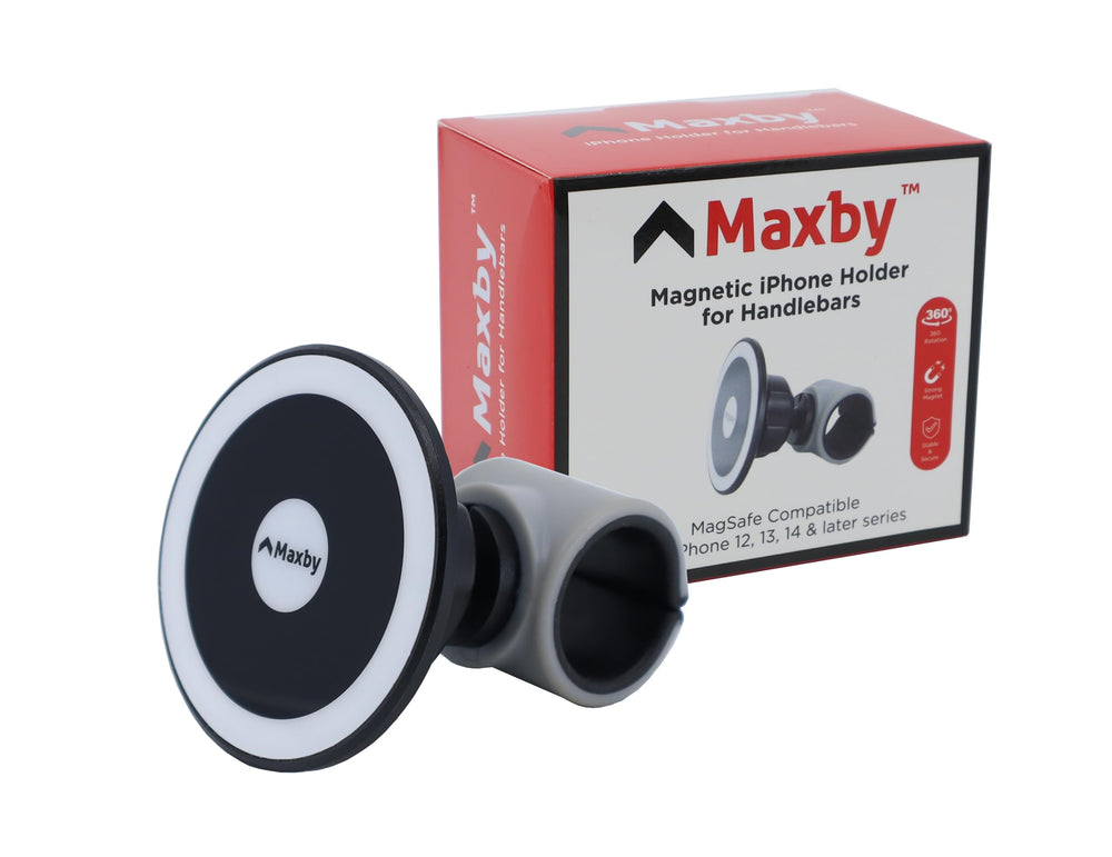 Maxby Stroller Phone Holder mounted on a bike handlebar shows versatile use.