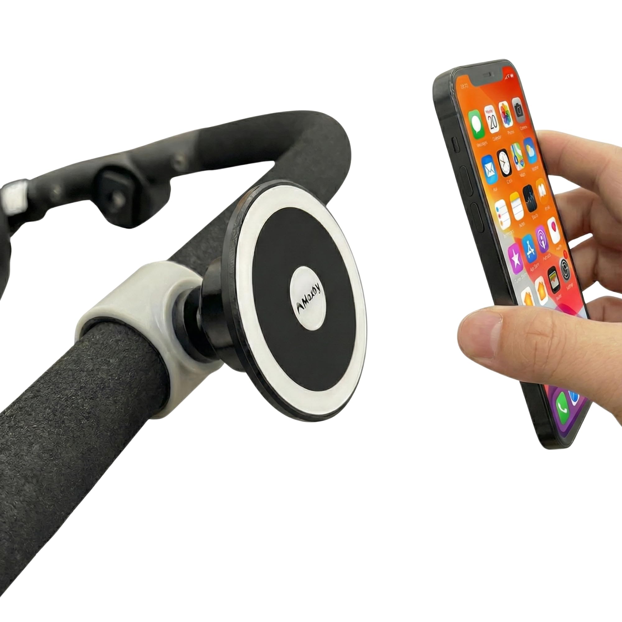 Maxby Stroller Phone Holder with magnetic attachment secures MagSafe devices for easy access.