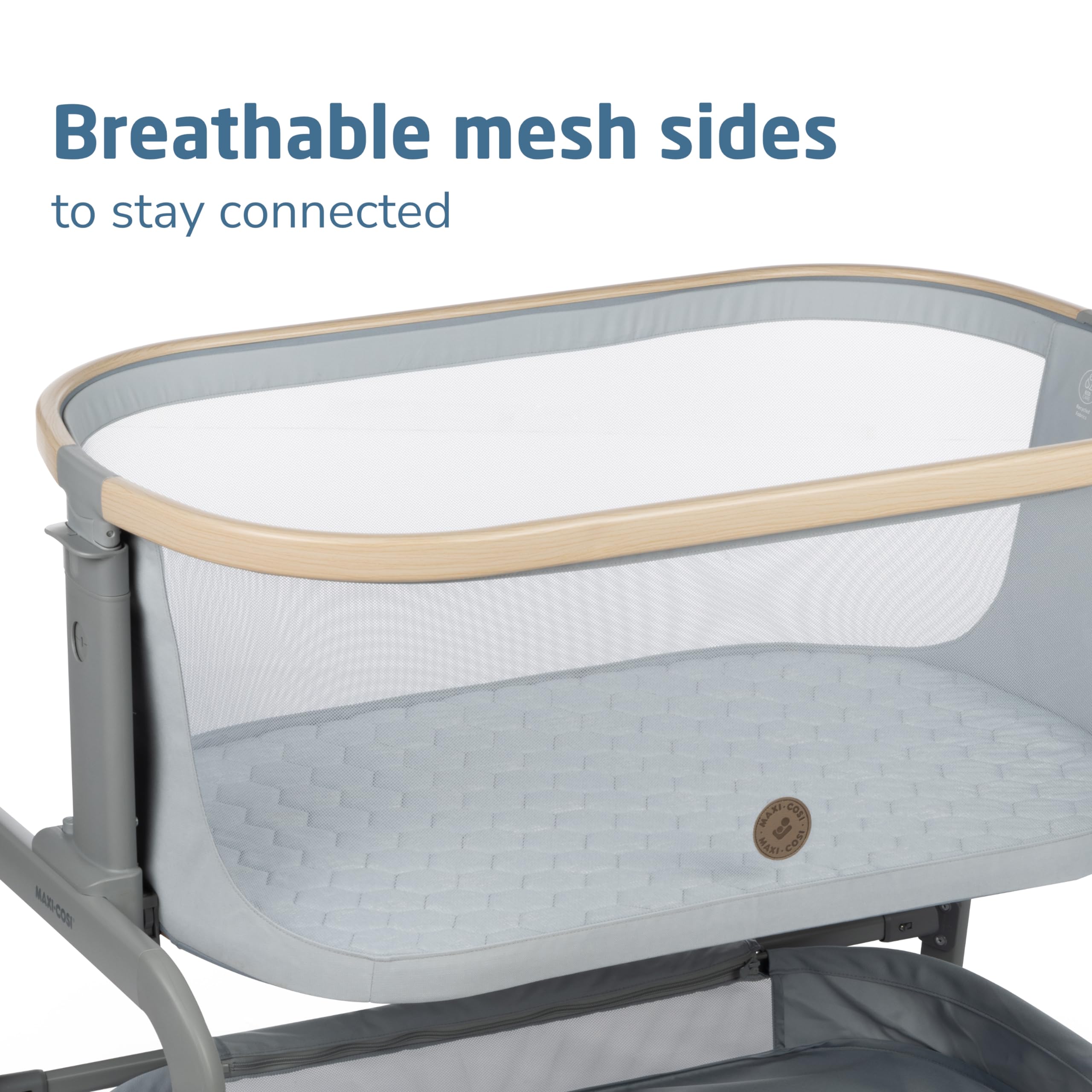 Maxi-Cosi Iora bassinet neutral slate color blends with modern decor.