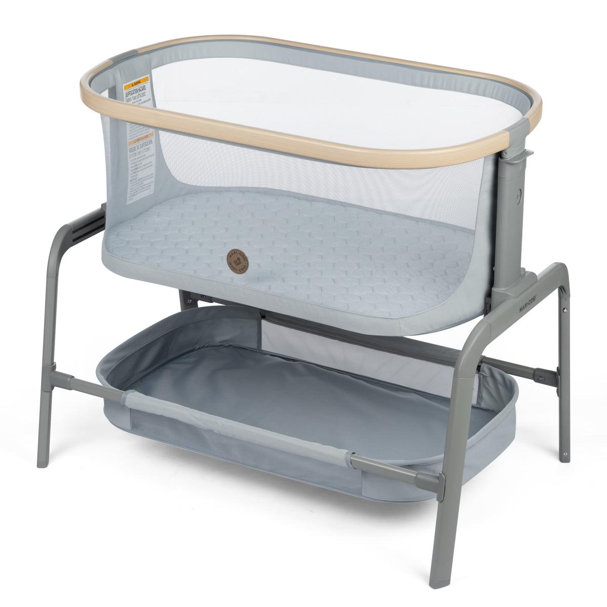 Maxi-Cosi Iora bassinet side view demonstrates portable bedside design for close baby proximity.