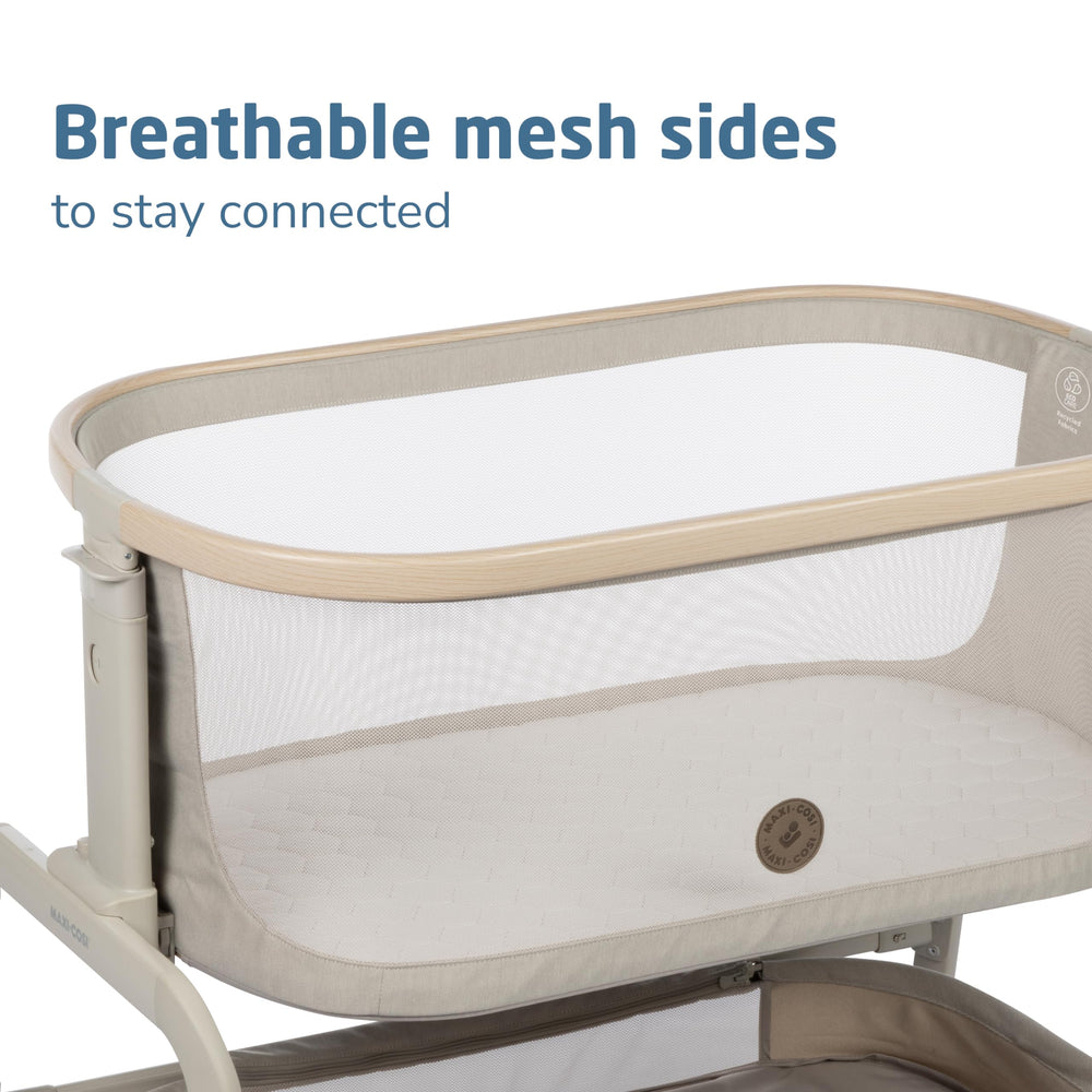 Maxi-Cosi Iora bedside bassinet oat color blends with décor
