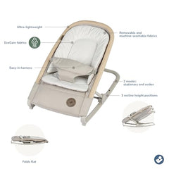 Maxi-Cosi Kori 2-in-1 rocker folded for travel keeps baby comfortable on trips.