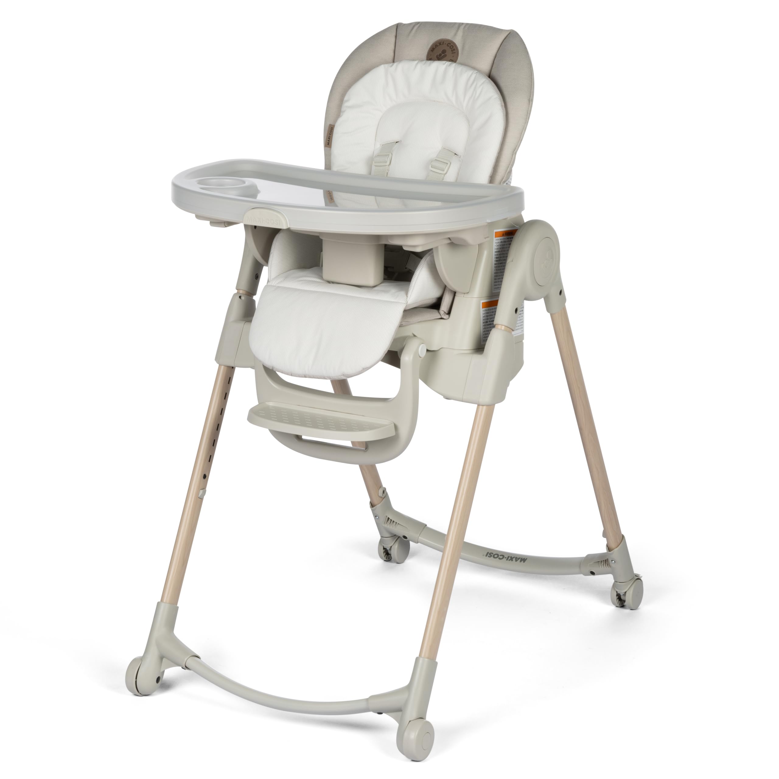 Maxi-Cosi Minla folded compact high chair for easy storage and portability.