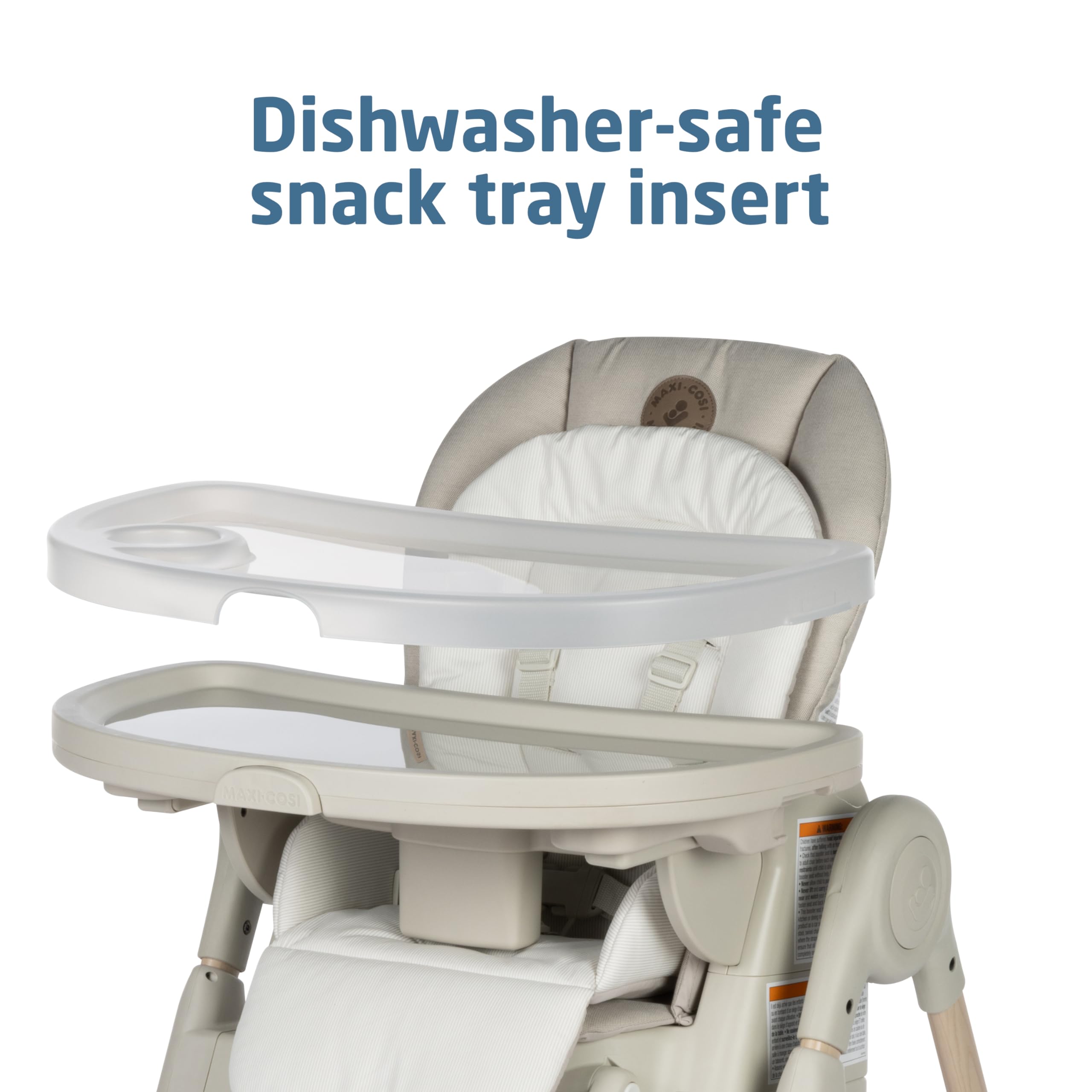 Maxi-Cosi Minla tray is removable and dishwasher-safe for easy cleanup.