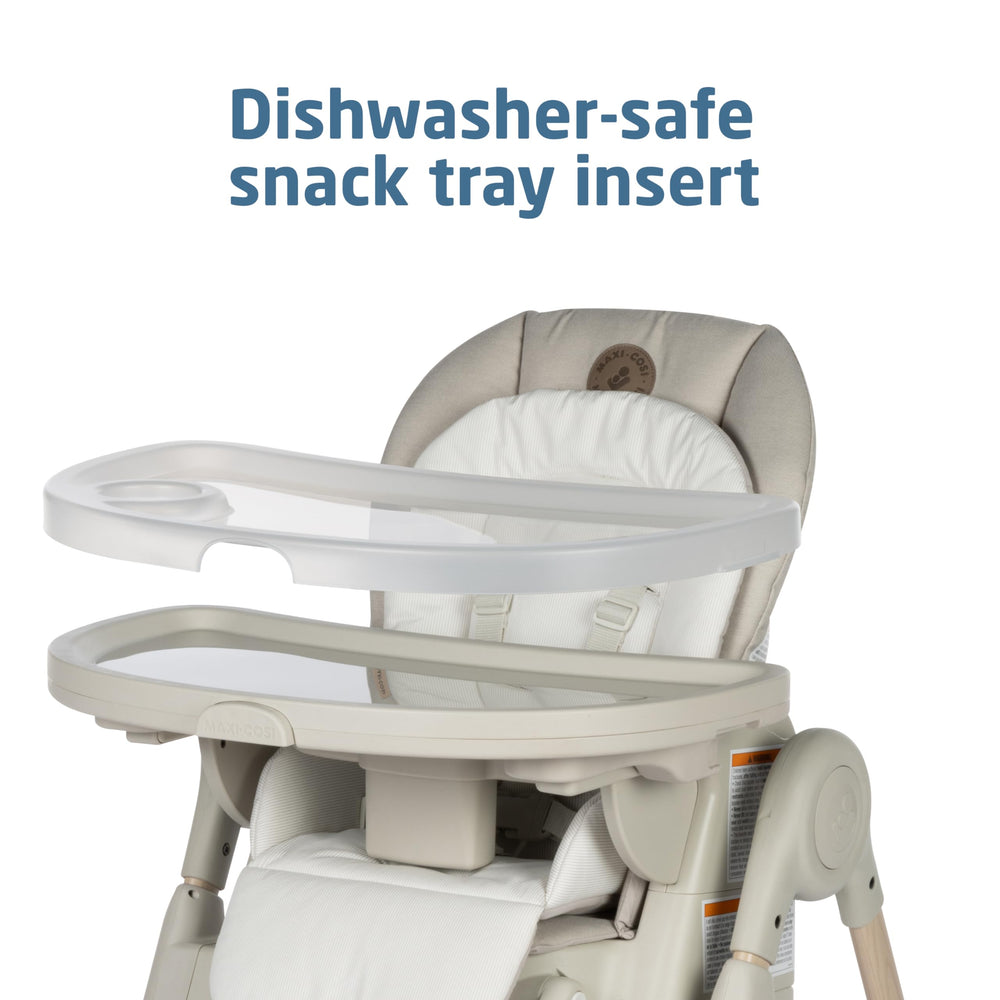 Maxi-Cosi Minla tray is removable and dishwasher-safe for easy cleanup.