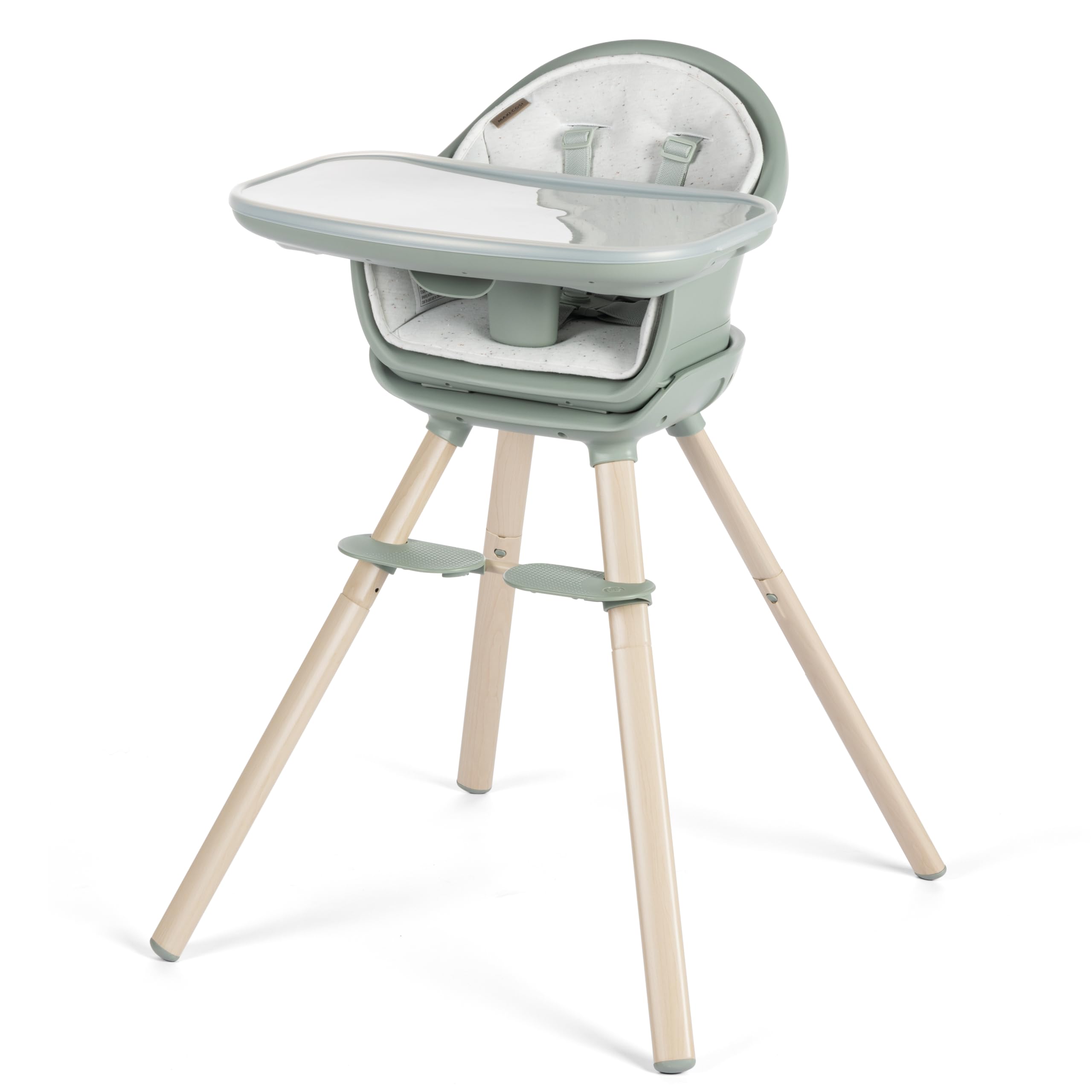 Maxi-Cosi Moa 8-in-1 high chair in compact-fold mode, saving space during meal prep.