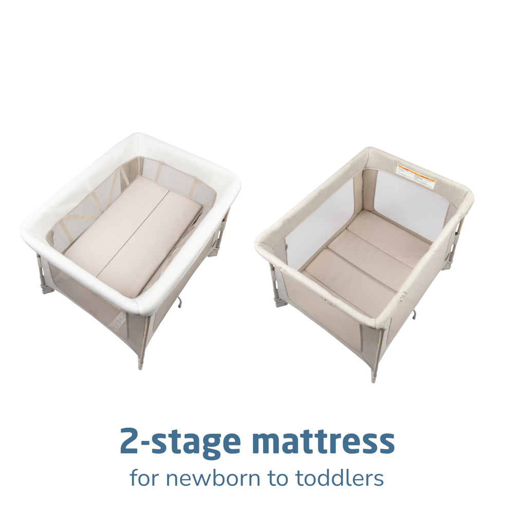 Maxi-Cosi Swift Playard Eco-Care fabric offers soft breathability and recycled materials.