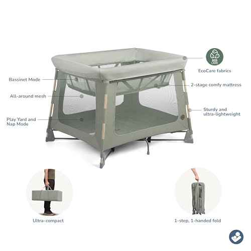 Maxi-Cosi Swift playard folded compact demonstrates effortless one-handed setup.