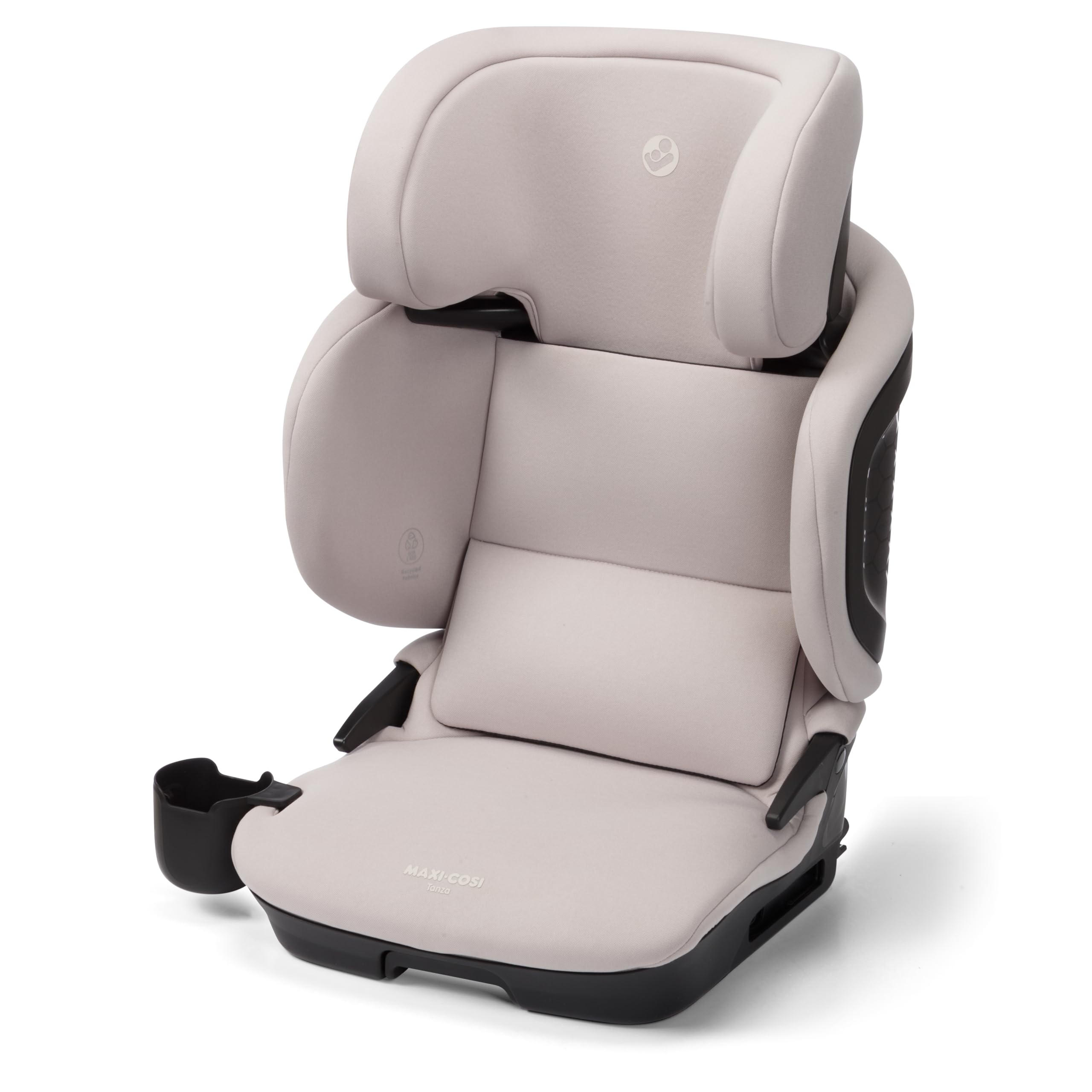 Maxi-Cosi Tanza booster in travel-folded mode shows compact storage for families on the go.